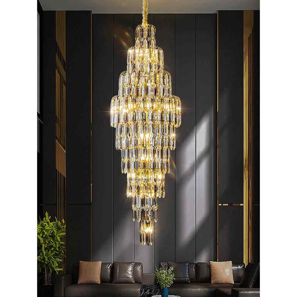 复式别墅客厅水晶灯大堂挑空大吊灯楼中楼中空简约旋转楼梯长吊灯