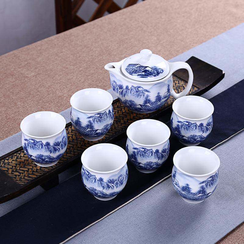 厂家直销 7头青花瓷茶具套装 双层杯陶瓷茶具 七头青花茶具礼品