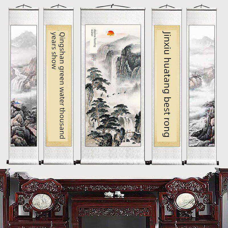 高山流水客厅中殿画大气乡村堂房子五段中国画山水画背景图可定制