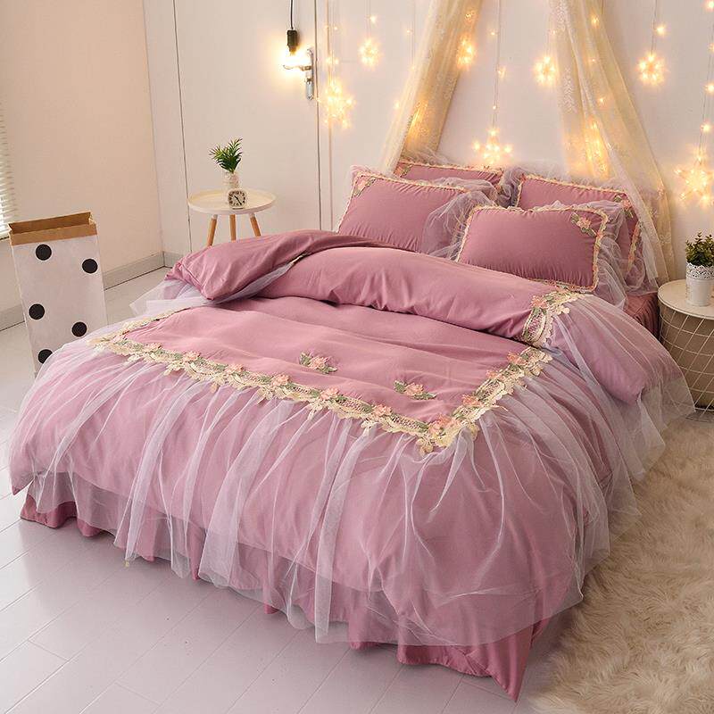 高档韩版公主风套蕾丝心花边床裙款丝四件少女雪纺冰网纱真丝被套