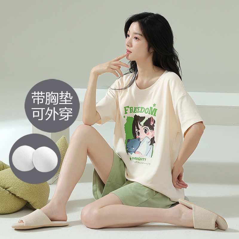 夏季带胸垫睡衣女款夏天居家短袖短裤夏款纯棉甜美女士家居服套装