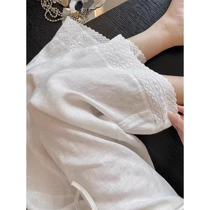 白色亚麻高腰宽裤女春秋欧货百搭显瘦宽松花边慵懒风垂感休闲裤