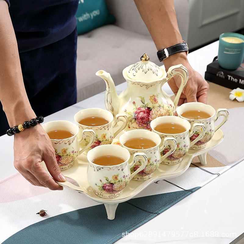 北欧金黄轻奢水具8件套装陶瓷茶水杯水壶礼品套装带托盘厂家跨境