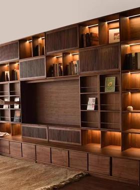 北美黑胡桃木全实木客厅满墙到顶书柜北欧日式书房原木收纳展示柜