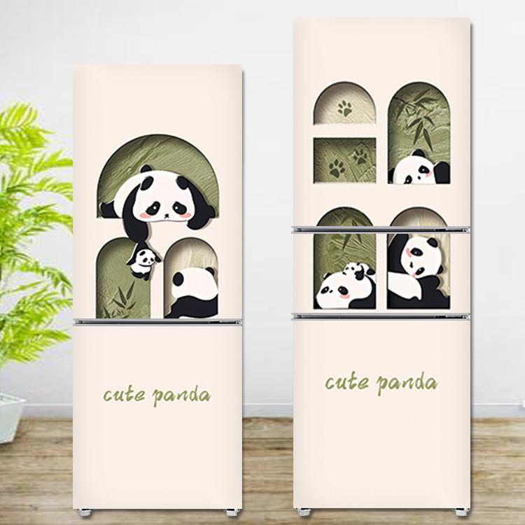 简约可爱熊猫冰箱贴纸装饰遮挡画贴画门贴膜防水全包自粘翻新贴