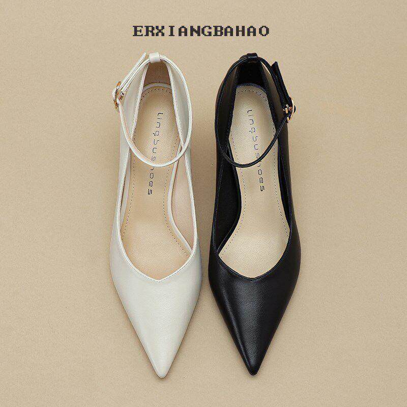 一字扣黑色高跟鞋女米白色职业工作销售细跟矮低跟小码单鞋313233