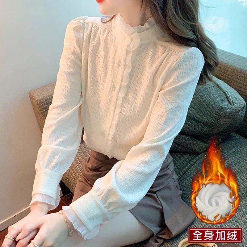 欧洲站立领蕾丝衬衫女2025新款轻奢高级感春秋冬加绒长袖内搭衣潮