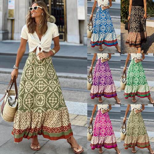 Half length skirt print splicing large swing skirt for