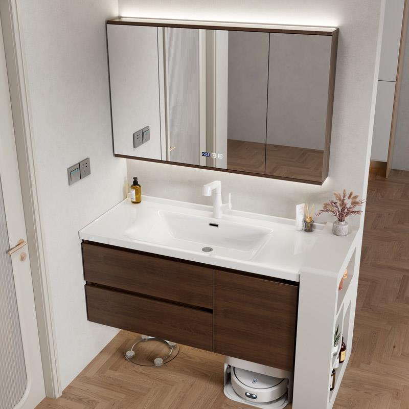 新中式古风浴室柜陶瓷一体盆扫地机器人风水镜洗漱台胡桃木色定制