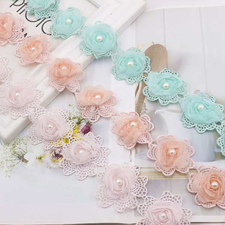 钉珠花边六瓣欧根纱立体双层蕾丝花朵服装辅料diy手工衣服 宽5CM