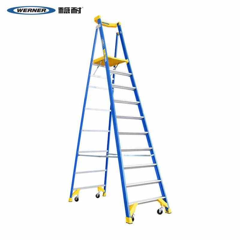 werner玻璃钢单侧平台人字梯带轮自锁梯长4.07米十步