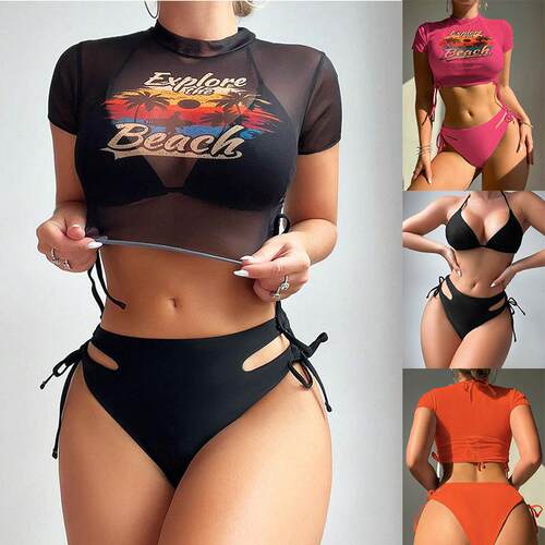 Mesh top women's triple swimsuit with hollowed out large