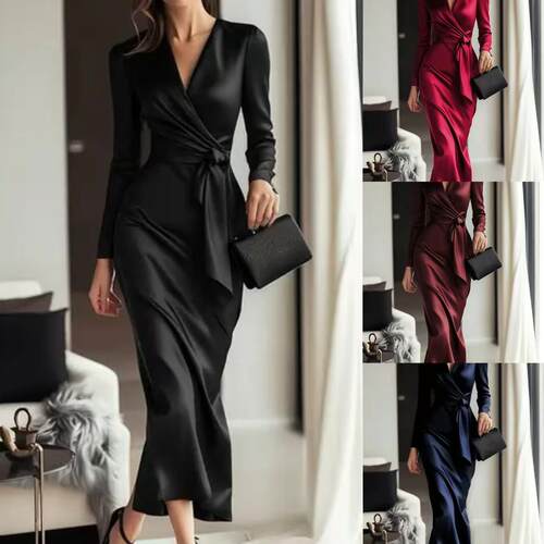 Elegant Women's Long Sleeve Evening Gown, Satin Waist