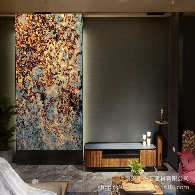 巴西天然大理石轻奢透光金孔雀背景墙玄关餐桌茶几岛台石材台面图片