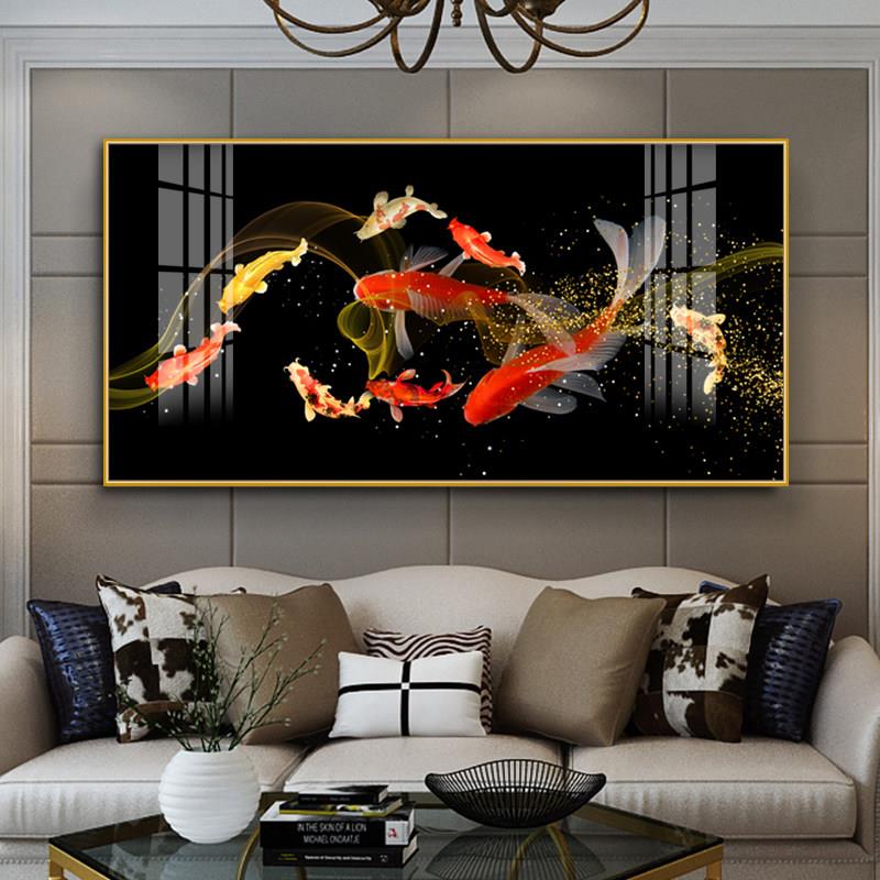 轻奢装饰画九鱼图财富壁画水晶瓷钻石挂画客厅沙发背景墙山水画墙