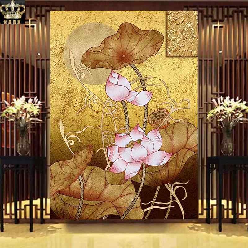 8D金莲花荷花玄关走廊壁画东南亚金箔壁纸美容泰式背景墙客厅墙纸