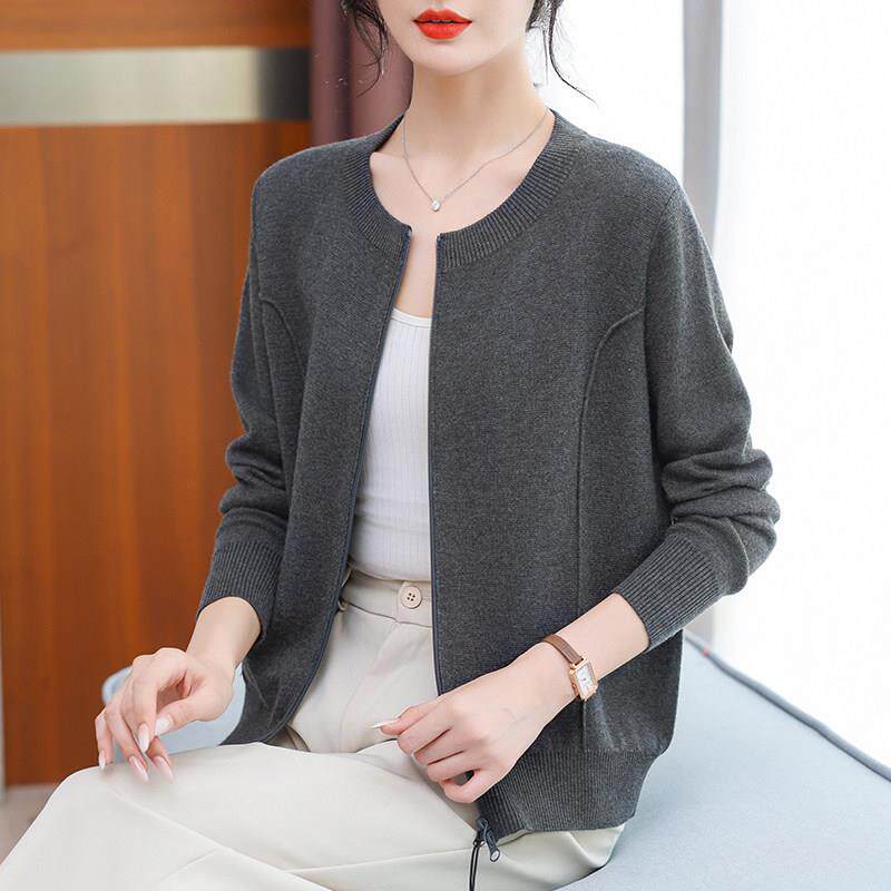 中年妈妈春秋毛衣开衫女短款洋气春秋宽松外搭上衣羊毛针织小外套