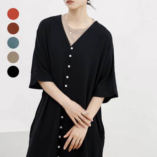 Color short sleeved collar dress, color shirt long