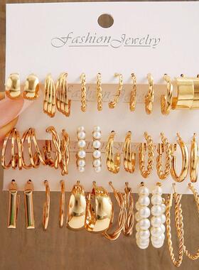 Gold Color Pearl Hoop Earrings Set Metal Dangle Earrings Vin