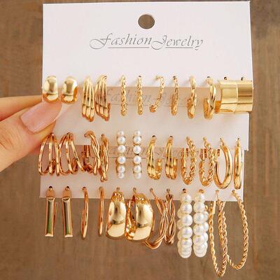 Gold Color Pearl Hoop Earrings Set Metal Dangle Earrings Vin