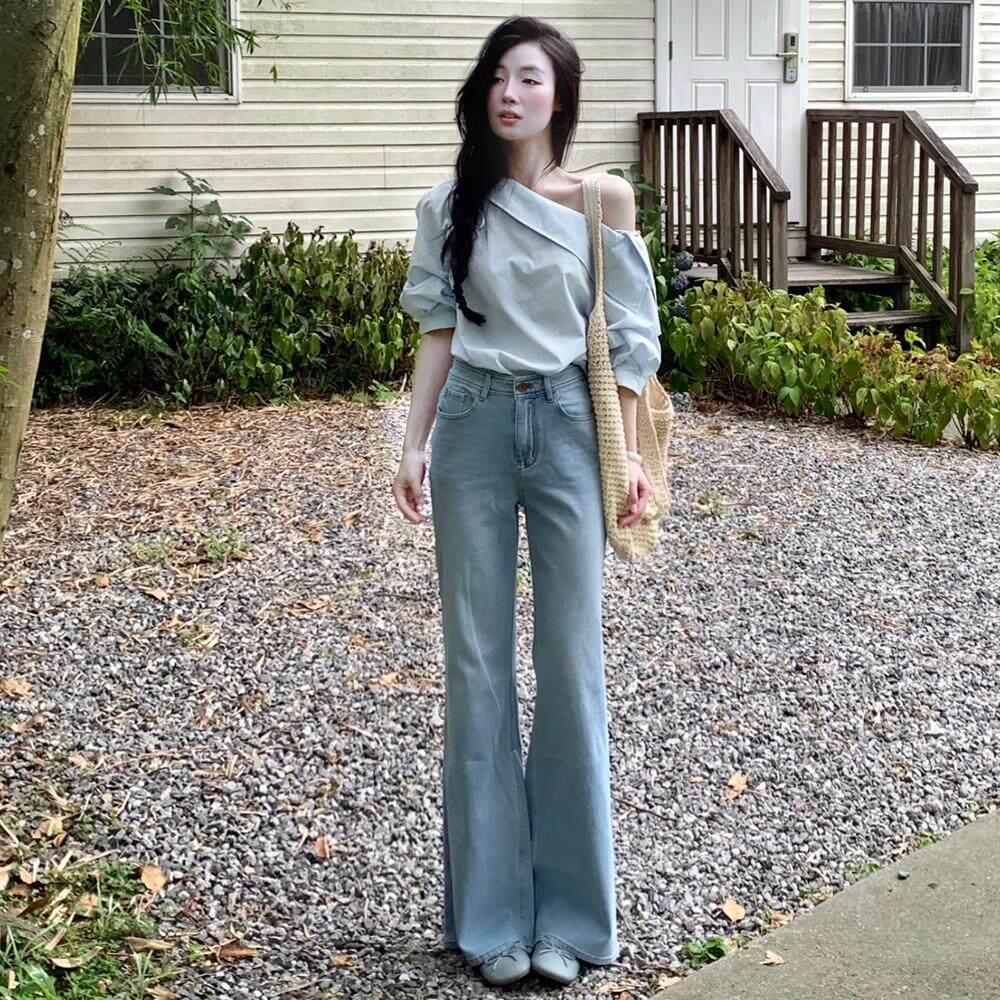SPYB天丝蓝色微喇牛仔裤女秋季新款不贴腿高腰显瘦宽松垂感喇叭裤