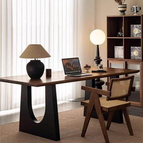 实木餐桌胡桃木色客厅大长书桌工作台大板餐书桌一体会议办公桌子