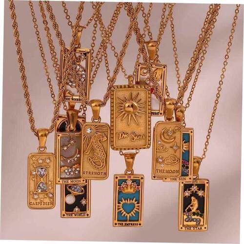 Stylish vintage rectangular zircon Tarot necklace塔罗牌项炼