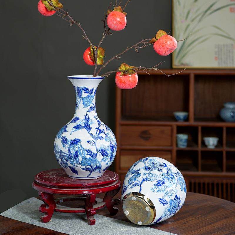 景德镇陶瓷花瓶牡丹花手绘瓶口金边青花瓷装饰插花陶瓷摆件储物罐