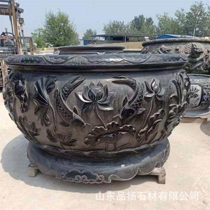 天然青石雕刻石鱼缸酒店宾馆景区大理石鱼缸中式花纹荷花鱼缸