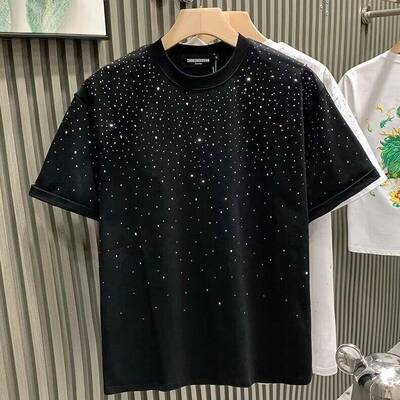 Summer Men Clothing Summer Rhinestone Rivet Tshirt Round