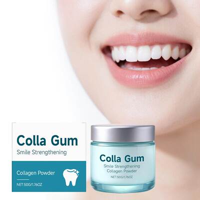 Collagen tooth powder gently cleans and cares for the surfac