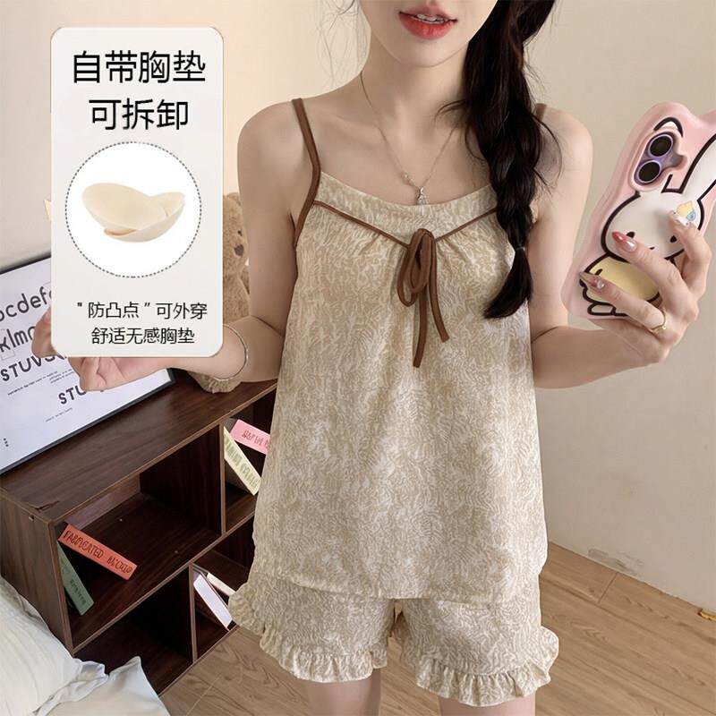 吊带睡衣女款2026年夏季新款带胸垫云朵棉家居服套装睡裙女小个子