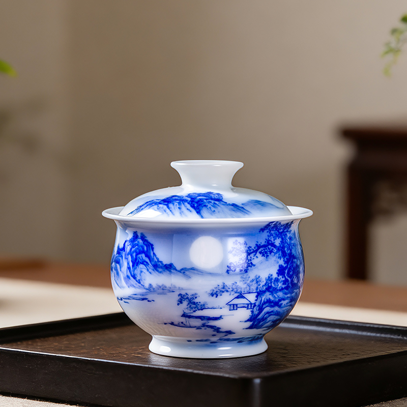 国家级大师刘培竹作品 青花山水主人盖碗茶碗茶具青花瓷泡茶家用,餐饮具,盖碗,淘宝优惠券,粉丝福利购,淘宝优惠卷