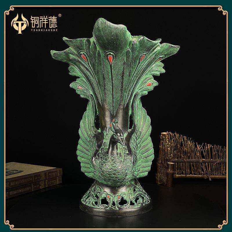 古青铜摆件青铜双凤杯酒樽吉祥鸟尊花瓶古玩装饰工艺品花插笔筒