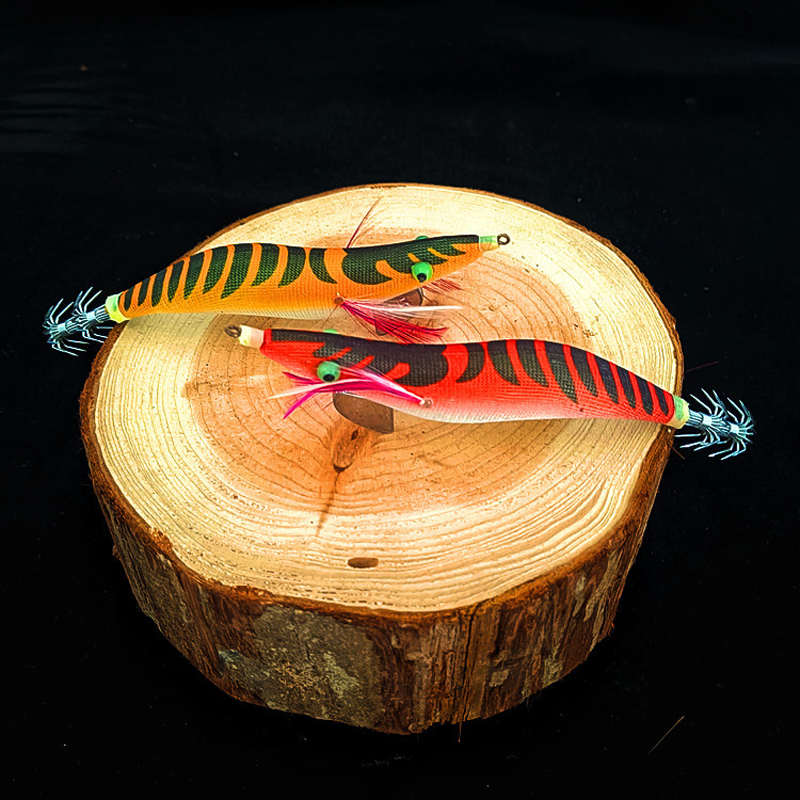 超亮夜光虎皮纹木虾套装路亚假饵3.5号鱿鱼钩章鱼墨鱼钩10只送包