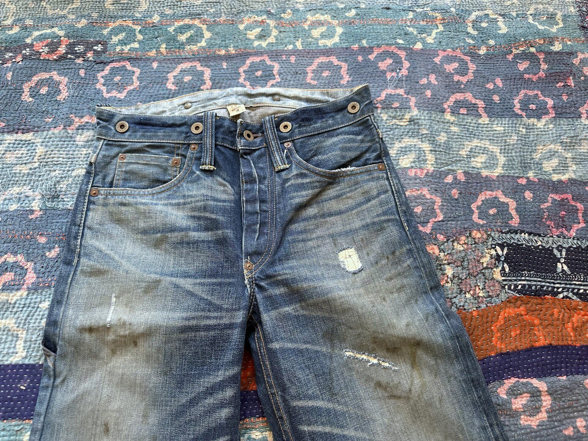 RRL Blue Distressed Washed Denim Pants — detail