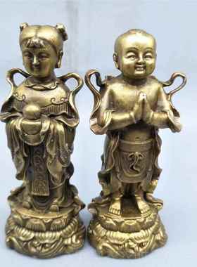 新款仿佛古做纯铜金童玉摆件善财童女子龙女像一对家居装饰摆旧设