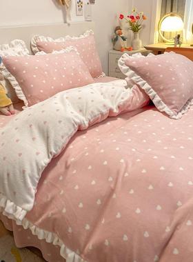 高档珊瑚绒面奶法兰绒冬保暖四件套爱心床裙牛款蓝色天少女心i双n