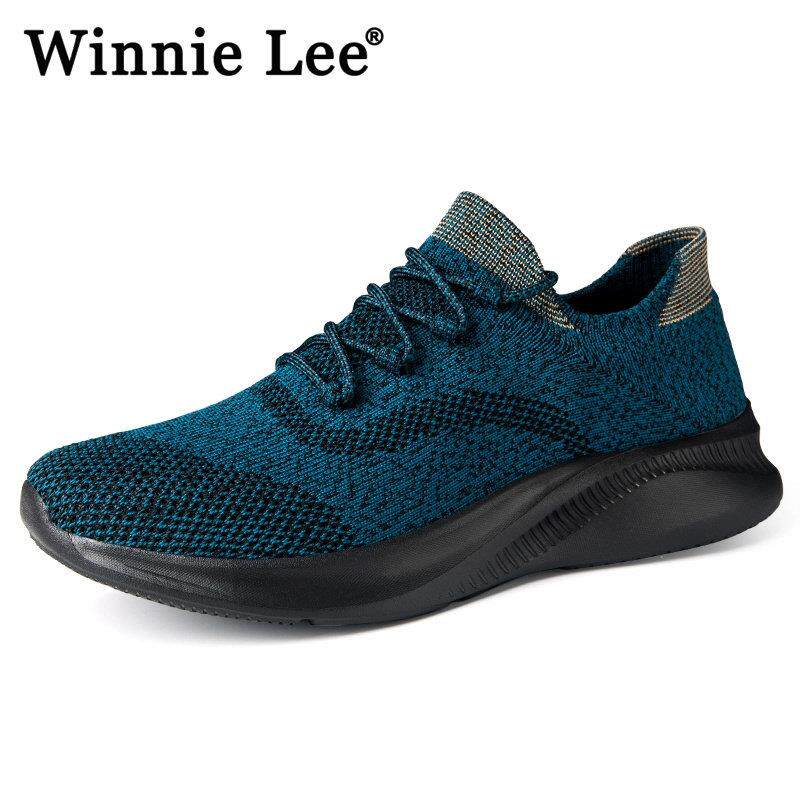 Winnie Lee套脚弹力飞织网面袜子鞋大码懒人一脚蹬运动休闲鞋男士
