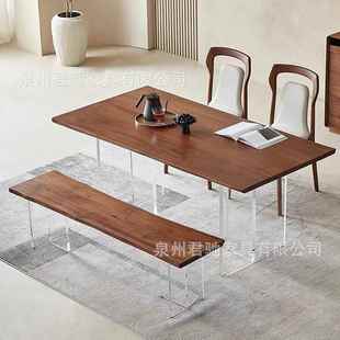 北美黑胡桃木餐桌亚克力悬浮书桌茶桌樱桃木松木实木家用办公简约