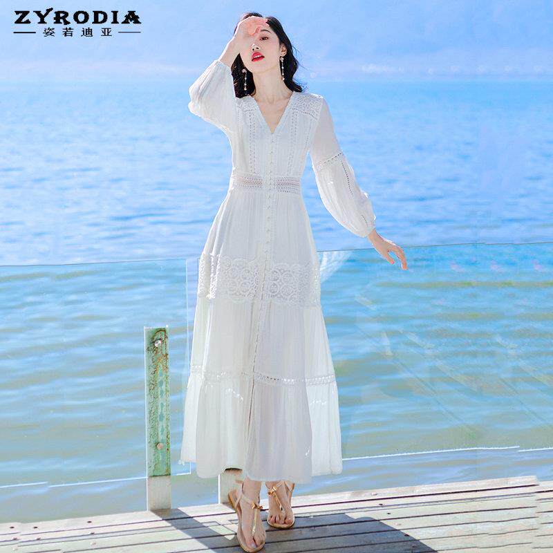 ZYRODIA 春夏新款白色气质V领高腰显瘦连衣裙法式复古大摆仙女裙