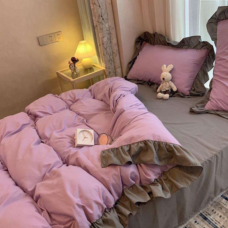 正品巨好看in风姜黄s纯荷叶花边三四件套床裙暖黄色色被套1.2宿舍