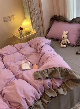 高档巨好看ns风姜黄纯色荷叶花套四件床裙暖黄色被i套1.2宿舍边三