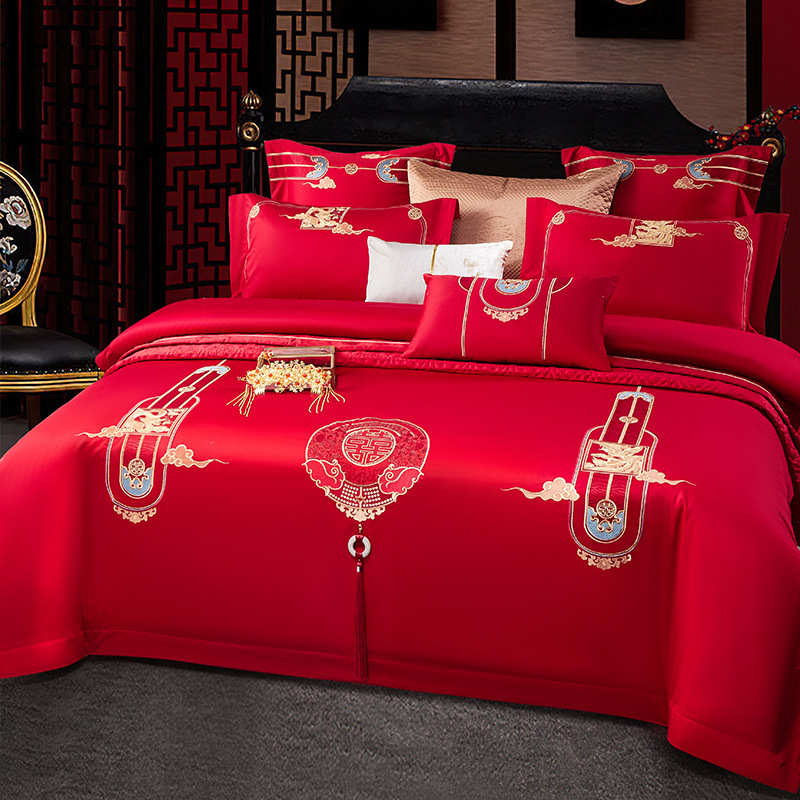 140s支全棉婚庆四件套刺绣婚房床上用品大红色喜被子结婚六十件套