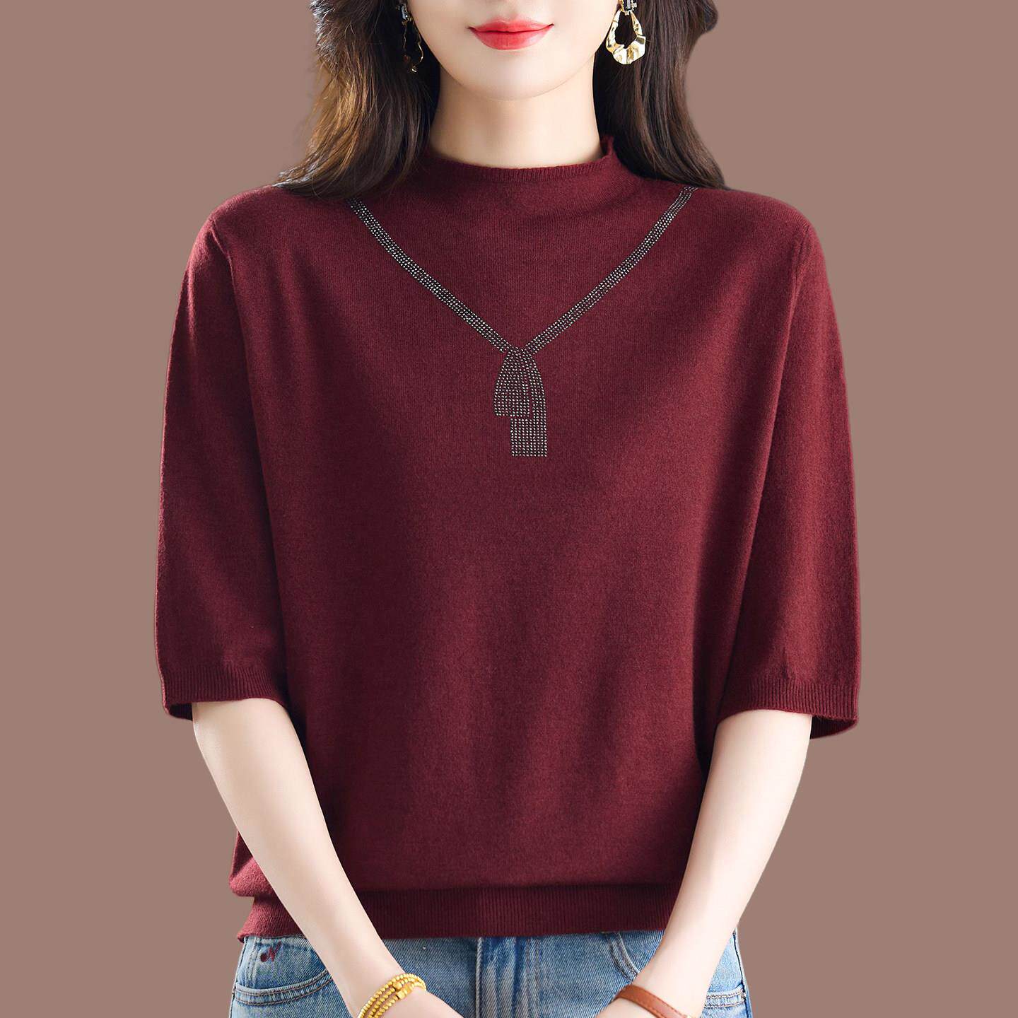 2026秋季新款桑蚕丝打底针织衫女士中袖T恤妈妈装半高领洋气上衣