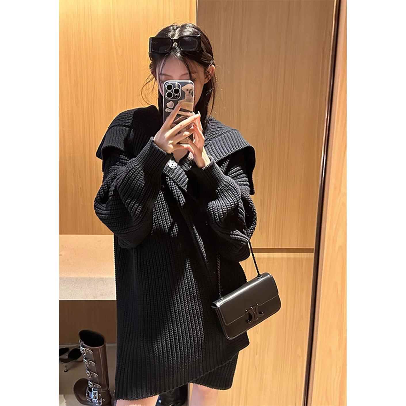 黑色翻领中长款毛衣外套女春秋冬季加厚慵懒风宽松针织开衫高级感