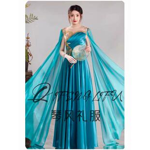 高档新款袍成人古筝演出服高中风旗水墨长裙表演端大气民乐演奏国