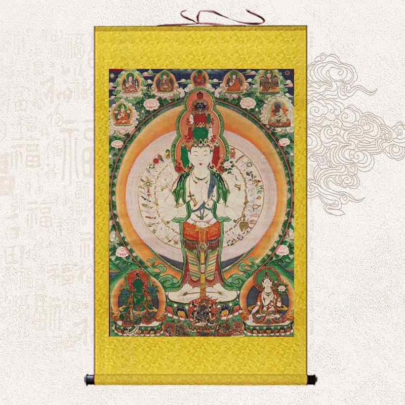 唐卡十一面千手千眼观音画像挂画故宫藏微喷复制画供奉丝绸卷轴画