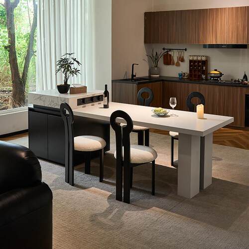 诺岩简约白色岩板岛台餐桌一体小户型家用多功能可伸缩厨房中岛台