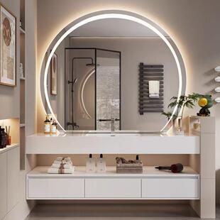 半圆打砂透光浴室智能镜异形梳妆台卧室化妆镜子卫生间发光带灯镜